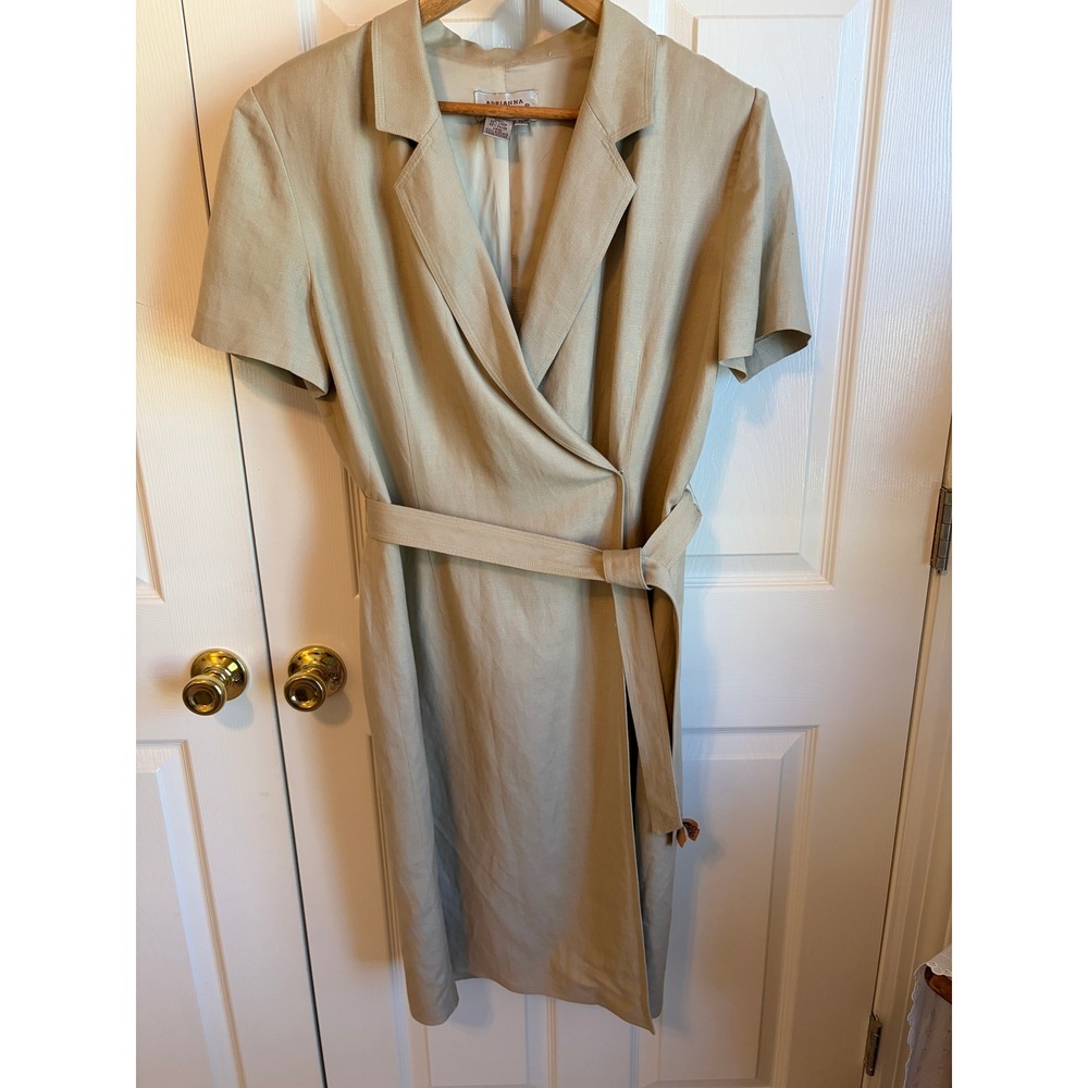Adrianna Papell Linen Blend Wrap Dress Tan Khaki Short Sleeve Lined Size 12